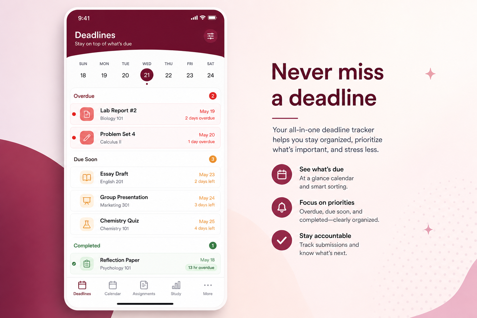 Assignment deadline tracker with overdue indicators